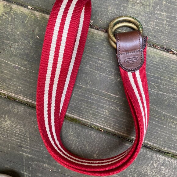 Vintage 90s Coach Fabric Belt Red Striped Leather Buckle - Picture 2 of 6